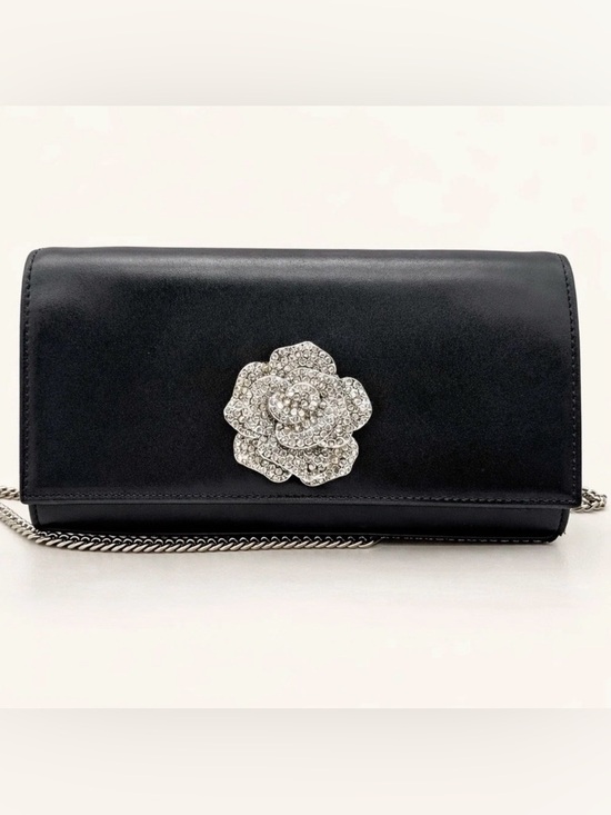 Michael Kors Handbags - Michael Kors Bellamie Black Leather Crystal Flower Evening Clutch Bag